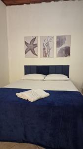 una camera da letto con un letto con lenzuola blu e quadri appesi al muro di Pousada Três Irmãos a Parati