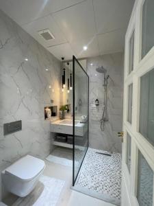 Villa في Sabkhah: حمام مع دش ومرحاض ومغسلة