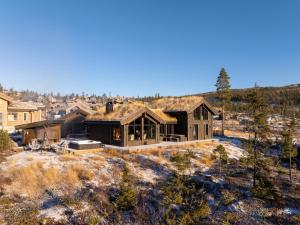 an aerial view of a house with a roof at Ny og moderne hytte med sauna, jacuzzi og eget spillrom med biljard og dart Gratis elbillading og strøm inkludert i prisen in Flå