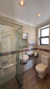 a bathroom with a shower and a toilet and a sink at Modern Rooftop Studio in Westown, Sheikh Zayed - Near GEM & SPX Airport in Sheikh Zayed