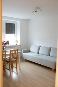a living room with a couch and a table at Domek na Lipowej in Stare Miasto