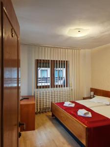 a hotel room with a bed and a window at Pensiunea Luminita in Buşteni