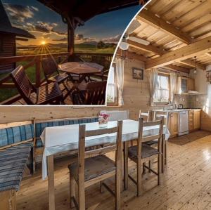 a kitchen and dining room with a table and chairs at Liptovské Drevenice-chaty in Liptovský Mikuláš