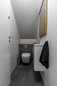 un baño con inodoro y espejo en Two story townhouse apartment in old town Reykjavik, en Reikiavik 15 fotos más