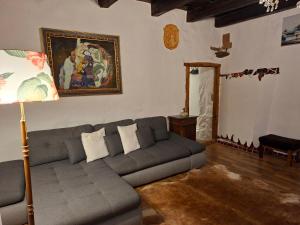 a living room with a couch and a painting on the wall at Appartement Donaustrand in Bergern