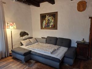 a living room with a couch and a bed at Appartement Donaustrand in Bergern +16 photos