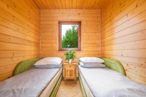 科乌切沃Domki Daglezja的小木屋内的两张床,设有窗户