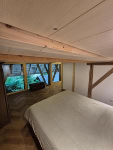 a bedroom with a bed in a room with windows at Kleine Heubühne im Emmental mit 2 Schlafzimmer und 2 Schlafsofas in Rüegsbach