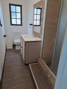 Un baño con lavabo, inodoro y ducha. en Sabs Place, en Gillitts