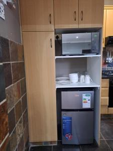 Una pequeña cocina con microondas y nevera. en Sabs Place, en Gillitts