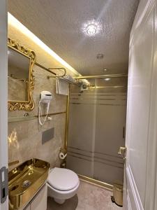 a bathroom with a toilet and a sink and a mirror at TH Old City Hotel in Istanbul