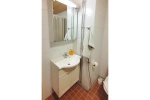 a bathroom with a sink and a shower with a mirror at Kotimaailma Woody 3 in Lahti +7 photos