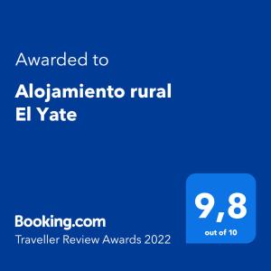 Πιστοποιητικό, βραβείο, πινακίδα ή έγγραφο που προβάλλεται στο Alojamiento rural El Yate