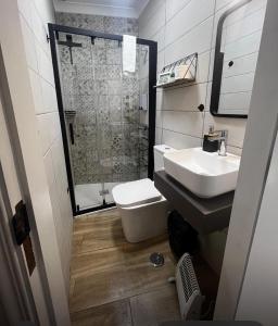 ein Badezimmer mit Toilette, Waschbecken und Dusche in der Unterkunft Juniors Country House in Vila Boim