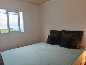 a bedroom with a bed with two pillows and a window at Kaz Lorizon in Petite Île