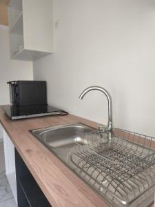 a kitchen counter with a sink and a microwave at Kaz Lorizon in Petite Île +6 photos