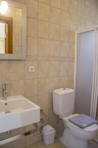 ein Badezimmer mit Waschbecken, Toilette und Spiegel in der Unterkunft Villa Tara in Kaş