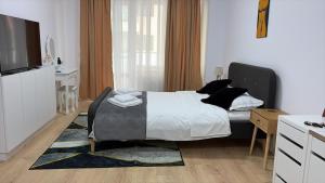 a bedroom with a bed and a television in a room at Modern Studio With Balcony - Unirea Towers Iasi in Iaşi