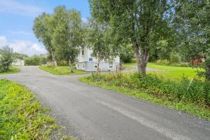 House in the middle of Lofoten - Leknes في ليكنيز: طريق فاضي فيه بيت واشجار +17 صورة
