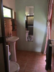 Un baño con lavabo, inodoro y espejo. en Jodokus Inn, en Montezuma