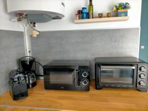グレウー・レ・バンにあるStudio Le Provence 2 étoiles tout équipé, wifi, parkingのキッチン(電子レンジ、トースターオーブン付) +7枚の写真