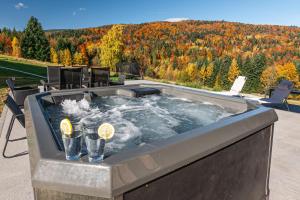 Zielone Wzgórze Sidzina في Sidzina: حوض جاكوزي مع شرائح الليمون والمشروبات فيه