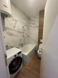 un bagno con lavatrice e lavandino di Apartman Savanovic a Banja Luka