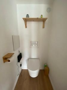 a bathroom with a white toilet in a room at Chalet bois cosy indépendant Saint Jean de Niost in Saint-Jean-de Niost