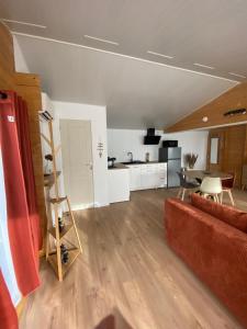 a living room with a red couch and a kitchen at Chalet bois cosy indépendant Saint Jean de Niost in Saint-Jean-de Niost +2 photos