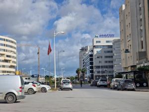 K2 Cliniques Jasmins Pasteur Cartagène في تونس: شارع المدينة فيه سيارات تقف في موقف للسيارات