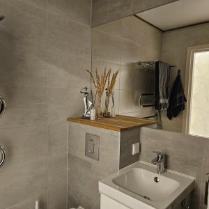 a bathroom with a white sink and a shower at Buto nuoma Dariaus ir Girėno gatvėje in Telšiai