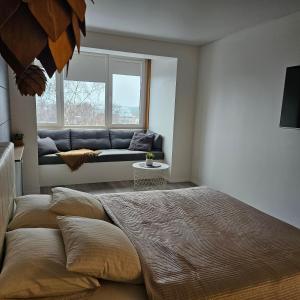 a bedroom with a bed and a couch in front of a window at Buto nuoma Dariaus ir Girėno gatvėje in Telšiai