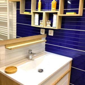 a bathroom with a sink and a blue wall at La petite cauchoise in Bacqueville-en-Caux