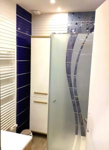 a bathroom with a shower with a toilet and a sink at La petite cauchoise in Bacqueville-en-Caux