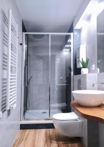 Un baño con ducha, inodoro y lavabo. en Apartamenty Dąbrówka Cieplice Zdrój, en Jelenia Góra