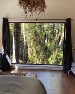 Refugio Ecos del Bosque في بورتو فاراس: غرفة نوم مع نافذة كبيرة مطلة على الأشجار