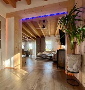 Una sala de estar con techo de madera con luces azules. en LaDolceVita im Tiroler Holzhaus, en Bad Elster