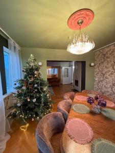 a christmas tree in a living room with a table and chairs at Jakobsoni 1937 in Viljandi