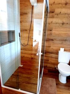サン・フランシスコ・ド・スルにあるCasa de Praiaのトイレとガラスのシャワー付きのバスルーム