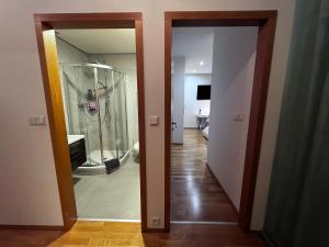 a bathroom with a shower and a walk in closet at Room Korunní dvur in Prague