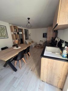cocina y sala de estar con mesa y fregadero en La Longeret du Bouchet Mont Charvin, en Le Bouchet-Mont Charvin