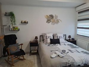 una camera da letto con un letto e una sedia di Meublé 3 étoiles en centre-ville a Niederbronn-les-Bains