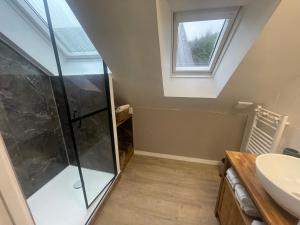 a bathroom with a shower and a sink at Écrin de la baie in Pouldergat +44 photos