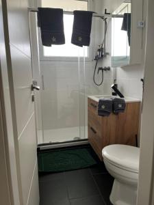 a bathroom with a shower and a toilet and a window at Weserbergland Lodge im Wiesenweg in Holzminden in Holzminden +5 photos