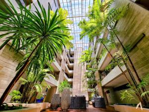 若昂佩索阿Cobertura com jacuzzi a 130m da praia de Tambaú的大堂,在大楼里种有棕榈树和椅子