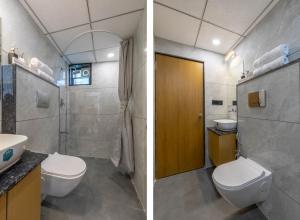 Dos imágenes de un baño con inodoro y lavabo. en hotel monville akota, en Vadodara 34 fotos más