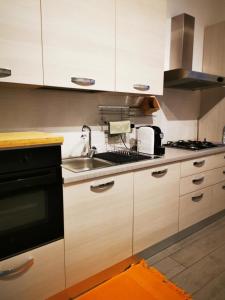 Rossi apartment في Mentana: مطبخ مع حوض وموقد الفرن العلوي