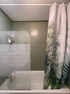 ein Badezimmer mit Badewanne und Duschvorhang in der Unterkunft Grand studio au Grau-du-Roi proche Seaquarium et plage in Le Grau-du-Roi