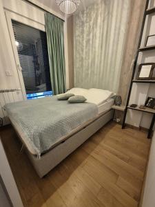 a bedroom with a large bed with a window at Apartman Natasa sa podzemnom garažom in Banja Luka