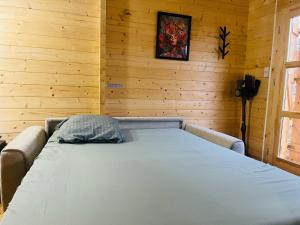 a bedroom with a bed in a wooden wall at Le chalet des Sarteaux in Ville-sur-Lumes
